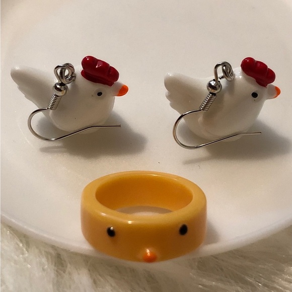 Chicken drop earrings and chick ring - Picture 1 of 2